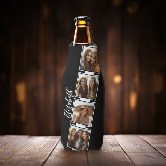 Zwart-witfotocollage vierkantjes, speciaal geperso flesjeskoeler
