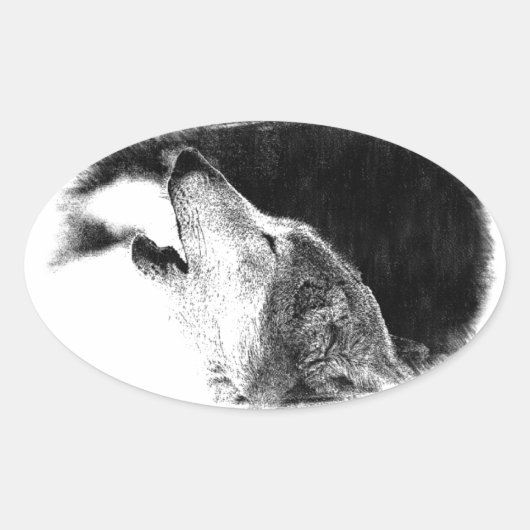 Zwart-witgrijs Wolf-schets Ovale Sticker (Voorkant)
