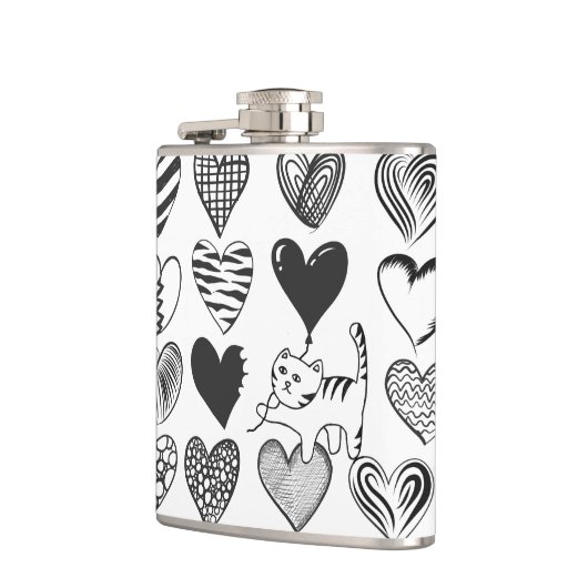 Zwart-witkat en hartpatroon heupfles (Links)