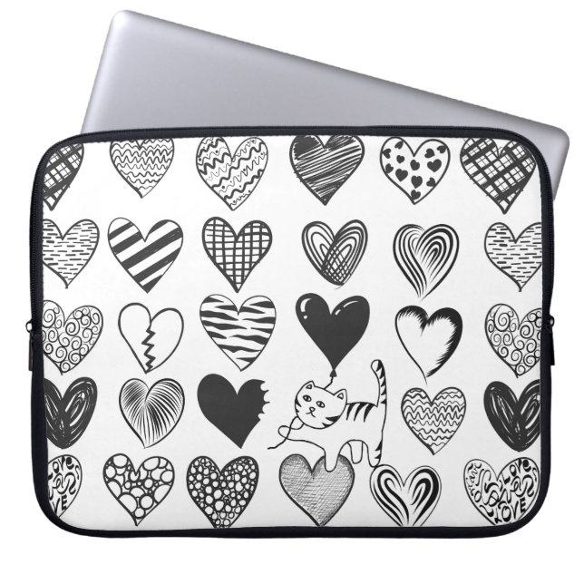 Zwart-witkat en hartpatroon laptop sleeve (Voorkant)