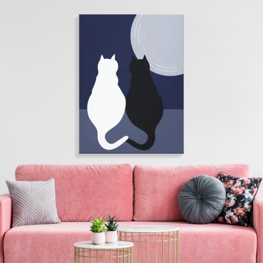 Zwart-witkatten in Full Moon Canvas Afdrukken (Insitu (Woonkamer))