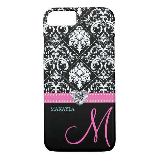 Zwart-witmasker met Diamond Heart en monogram Case-Mate iPhone Case (Achterkant)