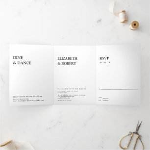 Zwart-witminimalistisch eenvoudige moderne bruilof drieluik uitnodiging