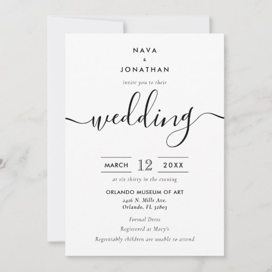 Zwart-witminimalistisch modern script bruiloft kaart (Voorkant)