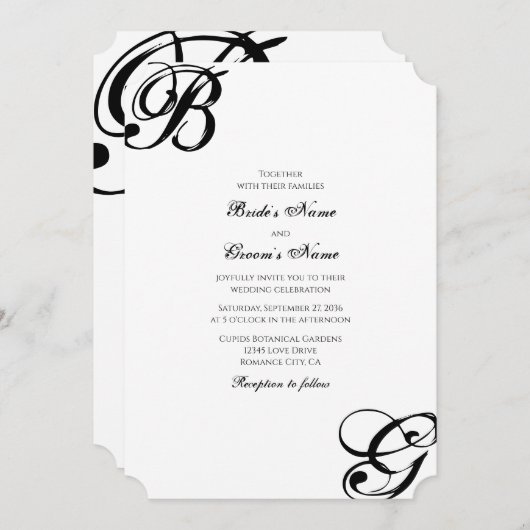 Zwart-witscript monogram bruiloft kaart (Voorkant / Achterkant)
