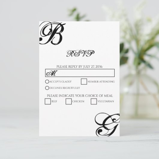 Zwart-witscript monogram bruiloft RSVP kaartje (Staand voorkant)