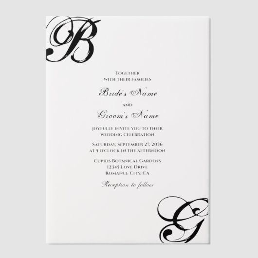Zwart-witscript monogram bruiloft vellum uitnodigingen (Voorkant)