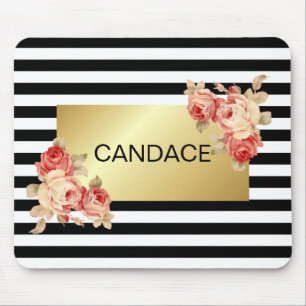 Zwart-witstreep en goud met  Rozen Muismat