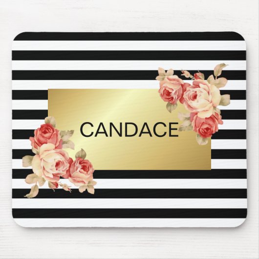 Zwart-witstreep en goud met Rozen Muismat (Voorkant)