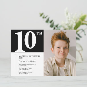 Zwart Witte 10e verjaardagsuitnodiging Chic Foto Kaart