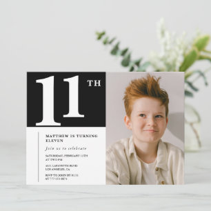 Zwart Witte 11e verjaardagsuitnodiging Chic Foto Kaart