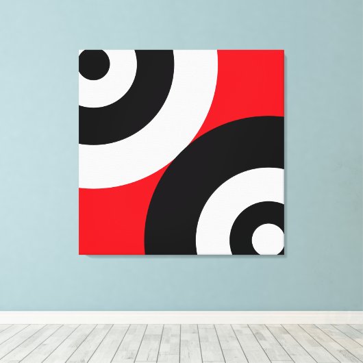 Zwart-witte Abstracte cirkels op rood Canvas Afdruk (Insitu (Houten vloer))