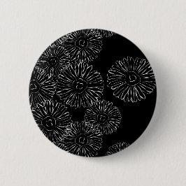Zwart-witte abstracte lentebloemen ronde button 5,7 cm