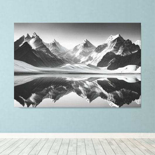 Zwart-witte bergketen reflectie canvas afdruk (Insitu (Houten vloer))