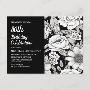 Zwart Witte Bloemen 80ste Verjaardag Uitnodiging Briefkaart