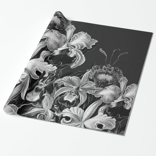 Zwart-witte  bloemen cadeaupapier (Uitgerold)