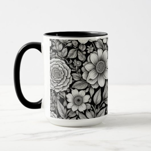 Zwart-witte bloemen en bladeren mok (Links)