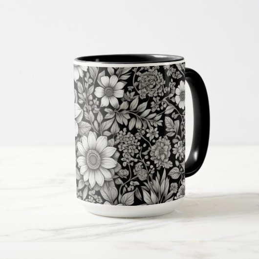 Zwart-witte bloemen en bladeren mok (Voorkant rechts)