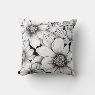 Zwart Witte Bloemen Lijn Kunst Hand Getekend Kussen