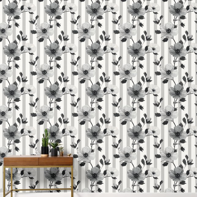 Zwart-witte bloemen op verticale lijnen patroon behang (Hal)