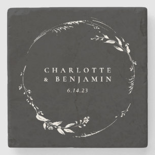 Zwart Witte Bloemenkrans Monogram Op Maat Stenen Onderzetter