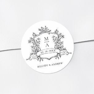 Zwart & Witte Bloemenkroon Monogrammen Trouwen Ronde Sticker