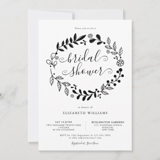 Zwart-witte bloemenslingers bruidsshower kaart (Voorkant)