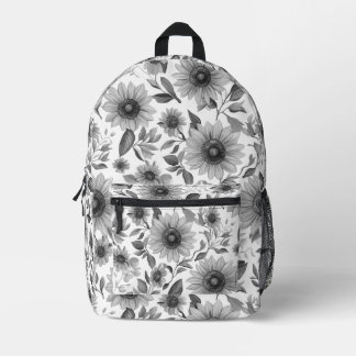 Zwart-Witte Bloemige Zonnebloemen Bedrukte Rugzak