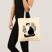 Zwart-witte bloemkat tote bag (Voorkant (product))