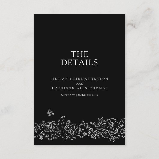 Zwart witte bloesem vlinders bruiloft details QR Informatiekaartje (Voorkant)