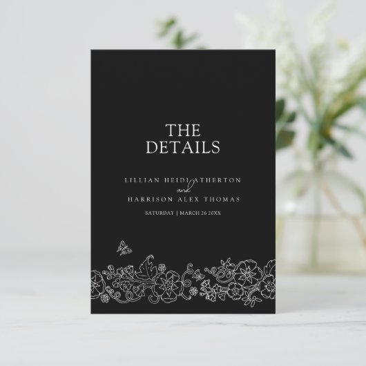 Zwart witte bloesem vlinders bruiloft details QR Informatiekaartje (Staand voorkant)