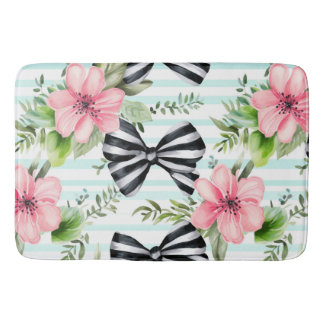 ZWART & WITTE BOGEN EN GROTE ROZE BLOEMEN BADMAT