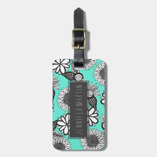 Zwart-witte bohemiaanse handdragende bloemen op Bl Bagagelabel (Voorkant verticaal)