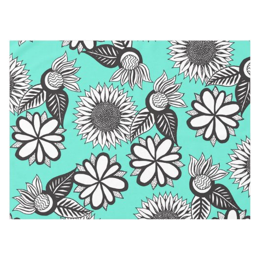 Zwart-witte bohemiaanse handdragende bloemen op Bl Tafelkleed (Voorkant (Horizontaal))