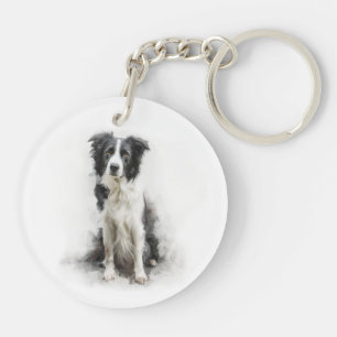 Zwart-witte Border Collie Aquarel Kunst Sleutelhanger