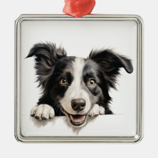 ZWART-WITTE BORDER COLLIE DOG METALEN ORNAMENT