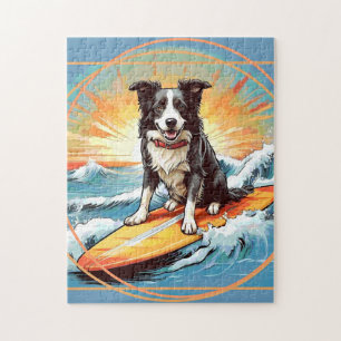 Zwart-witte Border Collie surft Legpuzzel
