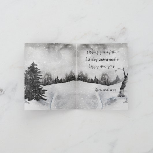 Zwart-witte bosdieren sneeuwbijeenkomst feestdagen kaart (Binnen)