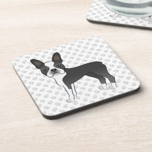 Zwart-witte Boston Terrier Cartoon Hond & Pootjes Bier Onderzetter
