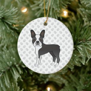 Zwart-witte Boston Terrier Cartoon Hond & Pootjes Keramisch Ornament