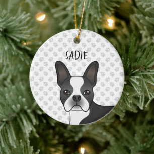 Zwart-Witte Boston Terrier Cartoonhond & Naam Keramisch Ornament