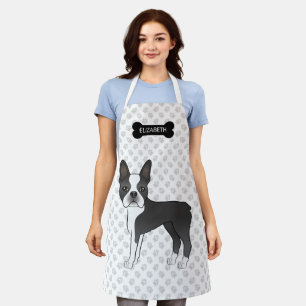 Zwart-Witte Boston Terrier Cartoonhond & Naam Schort