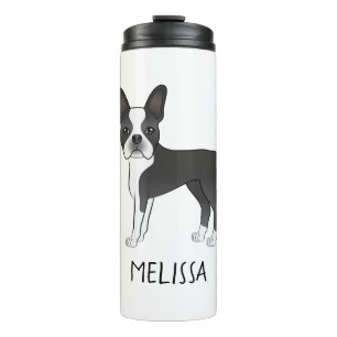 Zwart-Witte Boston Terrier Cartoonhond & Naam Thermosbeker