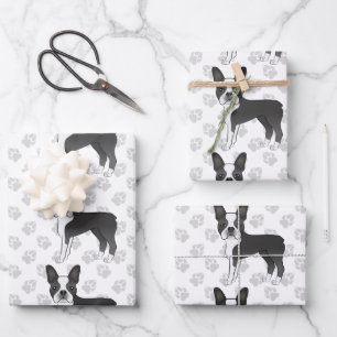 Zwart-witte Boston Terrier Cartoonhondpatroon Inpakpapier Vel