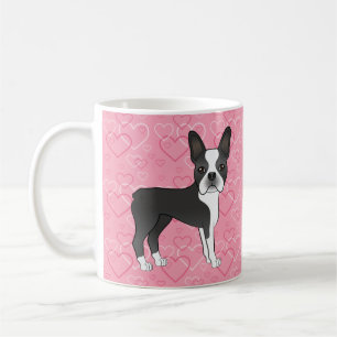 Zwart-witte Boston Terrier-hond op roze harten Koffiemok
