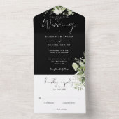 Zwart Witte Botanische Groene Monogram Huwelijk All In One Uitnodiging (Binnen)