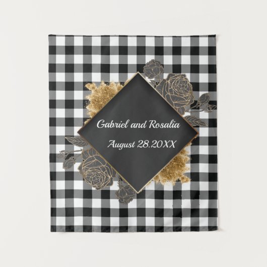 Zwart Witte Buffalo Geruite Roos Frame Huwelijksta Wandkleed (Voorkant)