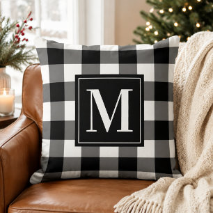 Zwart Witte Buffalo Plaid Kerst Monogram Kussen