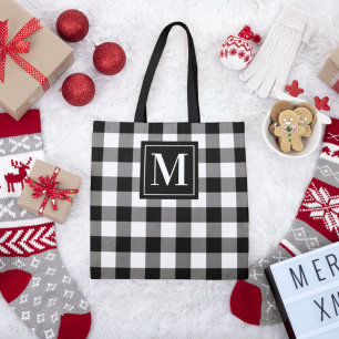 Zwart Witte Buffalo Plaid Monogram Initiaal Draagtas