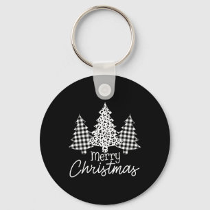 Zwart-witte Buffalo Plaid Vrolijke Kerstmis Sleutelhanger